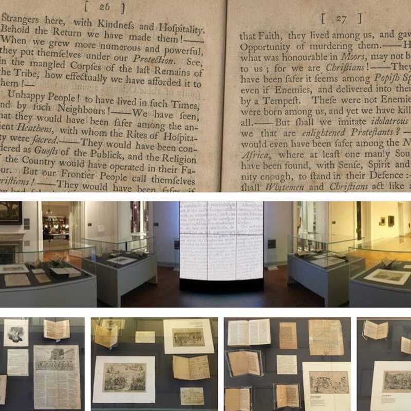 6 differently sized photos of old manuscripts, display cases, and a large screen